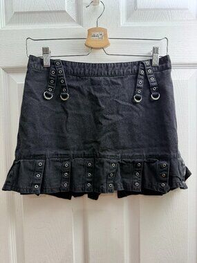 Vintage TRIPP NYC Y2K Black Denim Mini Skirt Pleated w/ Grommets